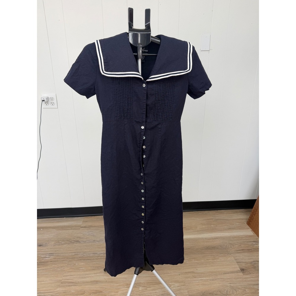 Positive Attitude Sailor Dress Womens 6 Navy Blue Excellent Linen Blend Pleated